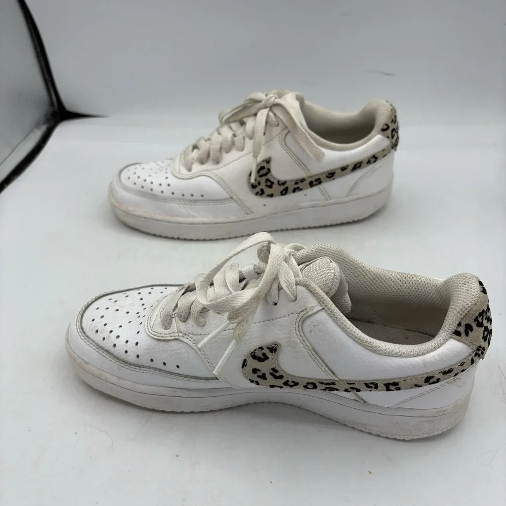 Nike Shoes Womens Size 8 Court Vision Low White Leopard Swoosh Casual‎ Sneakers